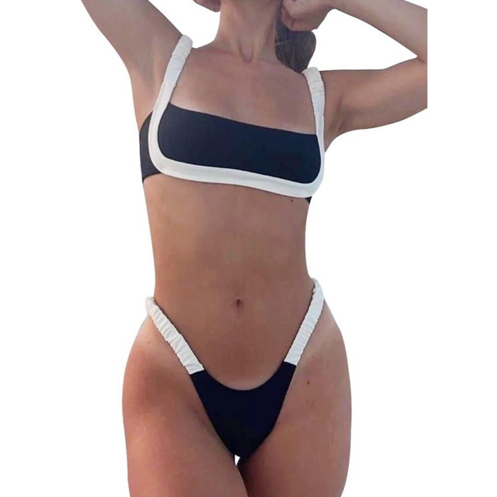 Women's Colorblock Bikini Set Square Neck High Cut Cheeky Sexy Two Piece Black S
